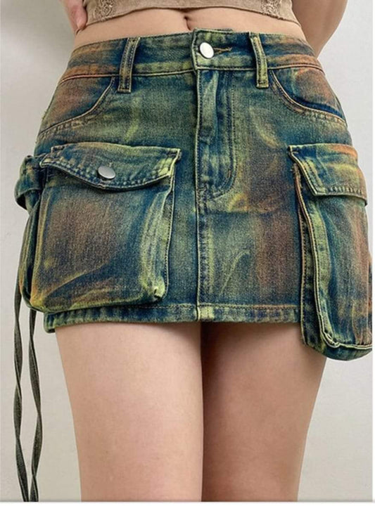 MINI DENIM GREEN CARGO SKIRT