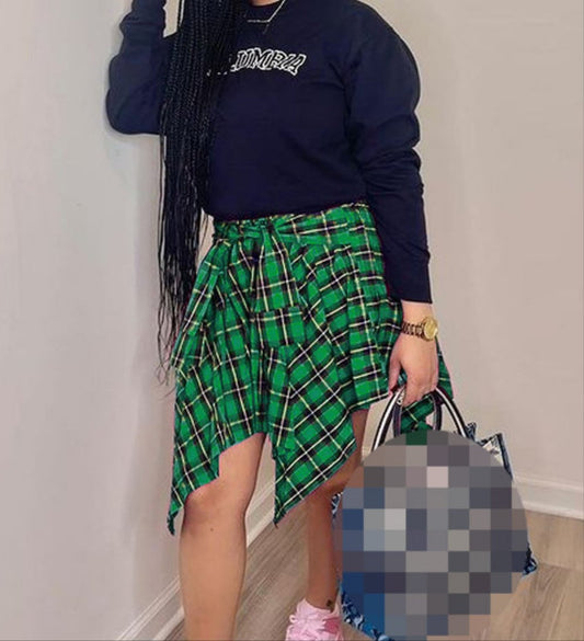 GREEN PLAID TIED SLEEVE RACER SKIRT