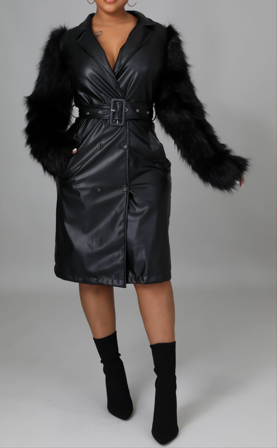 FAUX LEATHER FUR ARMS COAT