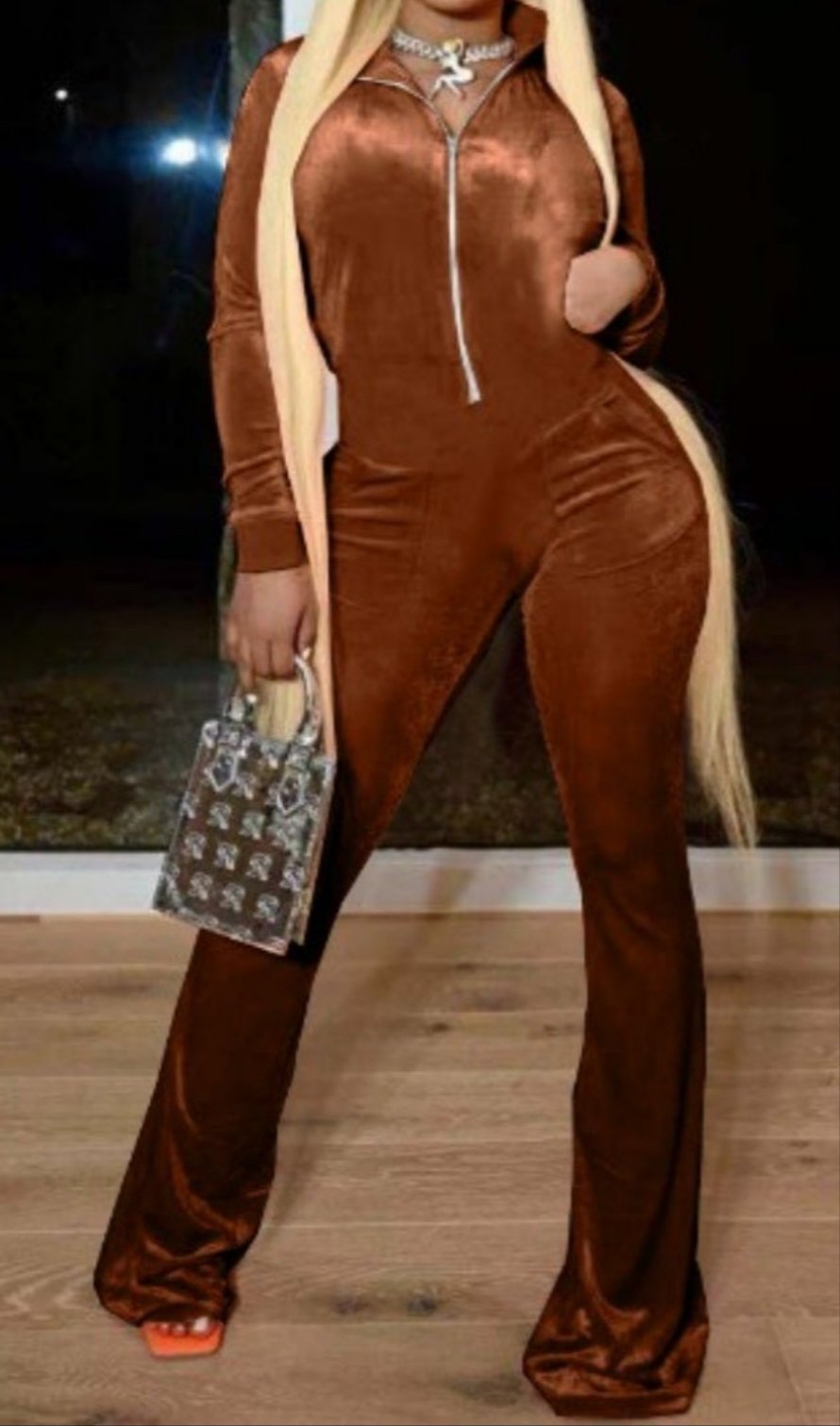 COFFEE VELOUR BELL BOTTOM JUMPSUIT